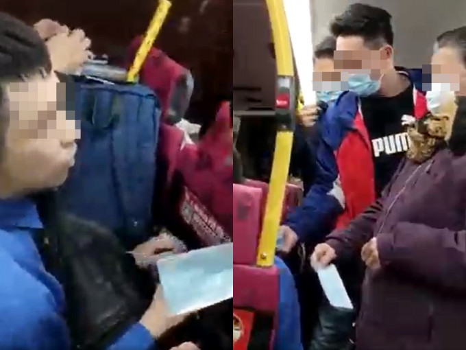 一名男子于巴上拒戴口罩，遭其他乘客要求他戴上。影片截图