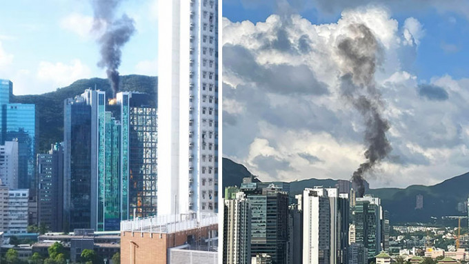 黄竹坑一幢工厦的天台发生火警，浓烟席卷半空远处可见。网上图片