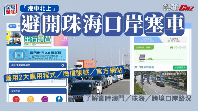 「港車北上」避開珠海口岸塞車狀況 善用2大應用程式／微信賬號／官方網站 了解實時澳門／珠海／跨境口岸路況