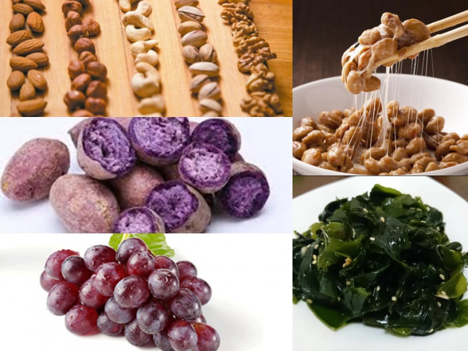 紫薯、葡萄、海带、纳豆和坚果可以有助于改善心血管状态。网图