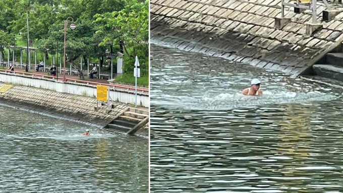 有一名男子於城門河游泳，引起熱議。網圖