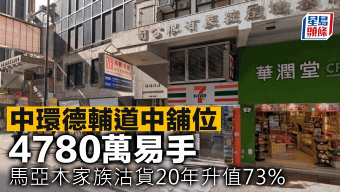 中環德輔道中舖位 4780萬易手 馬亞木家族沽貨20年升值73%