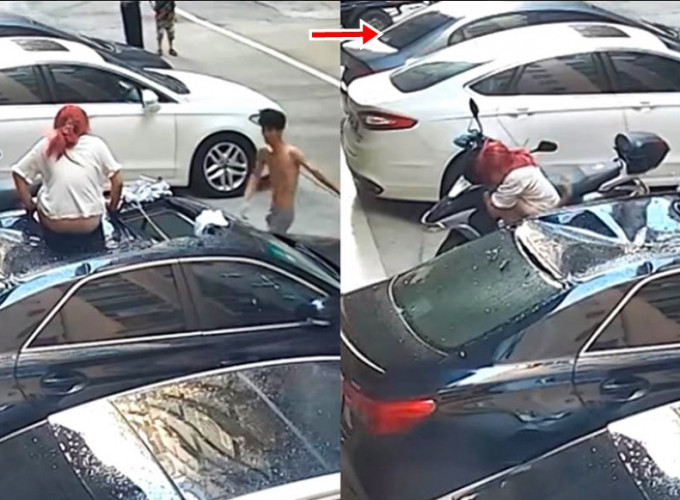 半裸男子急急跑到現場，將女子抱下車並安撫對方。影片截圖
