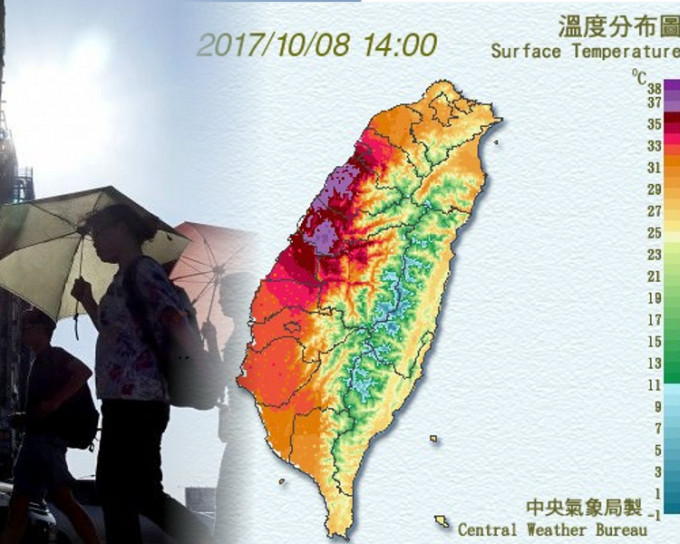 台中市下午气温颷升，录得38.3度高温。图：台湾气象局