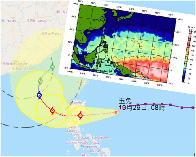 「玉兔」闯入香港800公里后急转弯。小图为西北太平洋热带气旋潜热分布图。网图