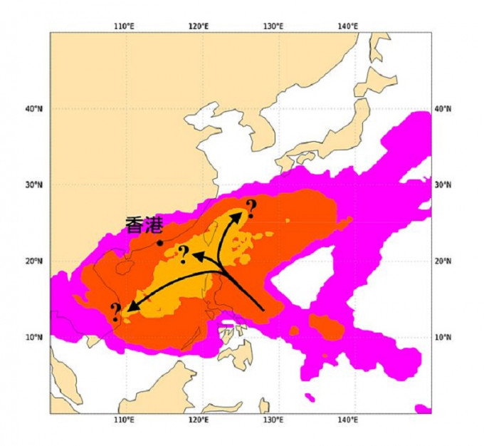 随后一星期的热带气旋出现概率预测图。本图所示的概率明显较低，分布较分散，反映出随后的变数颇大，可能性颇多。天文台