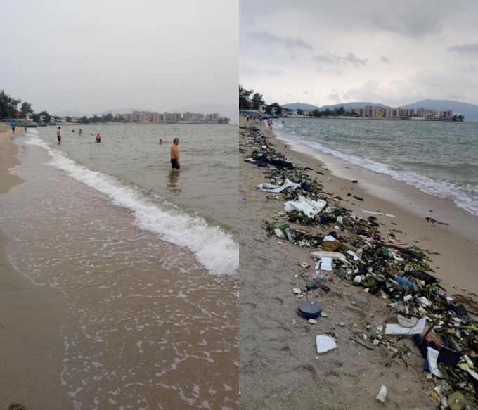 黄金泳滩昨日情况（左）；一日之间变垃圾泳滩（右）。香港突发事故报料区