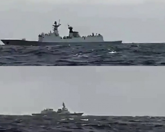 上图为中国军舰、下图为日本驱逐舰。影片截图