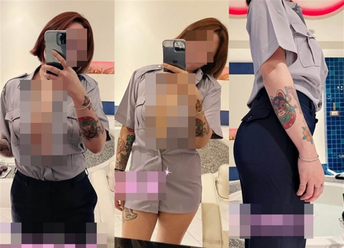 台湾一名姓崔女子当日在警署外拍完裸照后，当晚还在酒店身穿警员制服拍摄爆乳照。网上图片