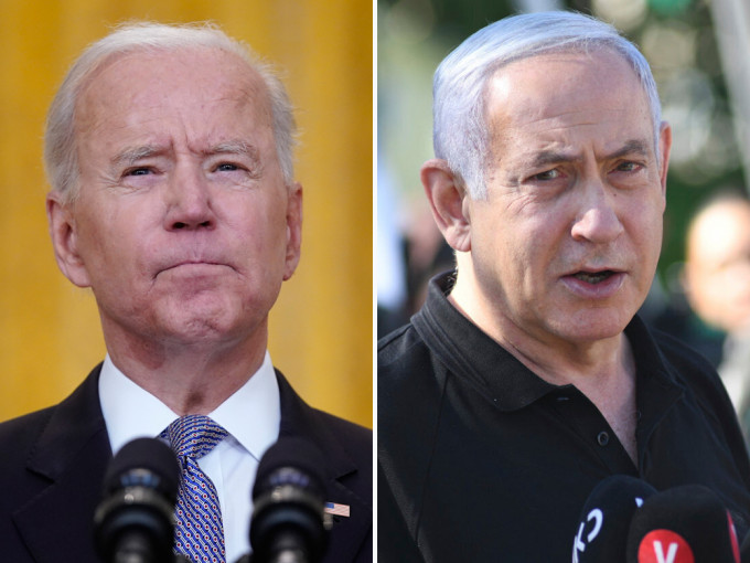 拜登與以色列總理內塔尼亞胡通話，表示支持以巴停火。AP圖片