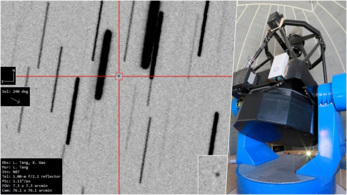 近地小行星2023 DB2发现图像(左)。中国科学院新疆天文台图