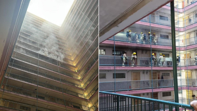 顺天邨单位起火 浓烟涌上天井 消防爆门救熄。莫健成FB图片