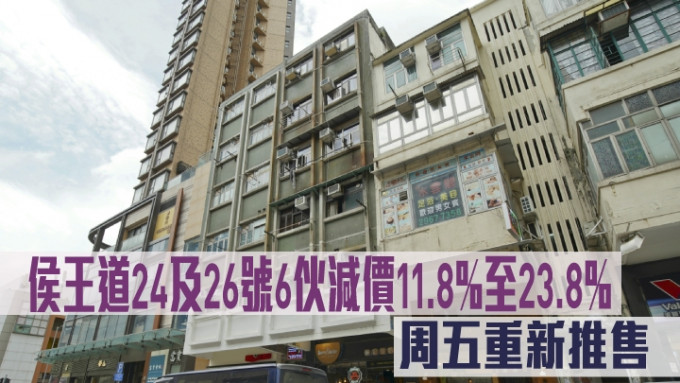 侯王道24及26號6伙減價11.8%至23.8%。