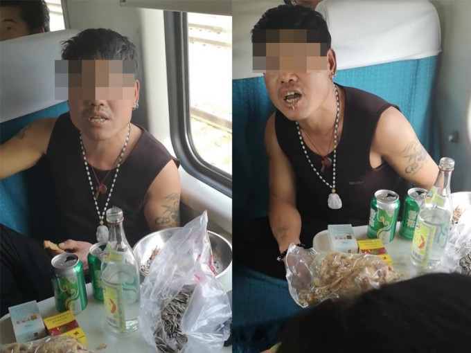 滄州到唐山火車驚現「霸座紋身男」 ，抽煙、喝酒、耍酒瘋，拒不讓座還作勢要打人。(網圖)