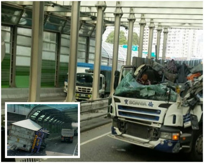 货柜车司机被困车内。图：网民Man Keung Lee‎