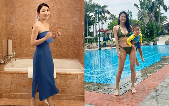 林芊妤带囝囝去主题乐园酒店staycation，去泳池玩大晒火辣身材。