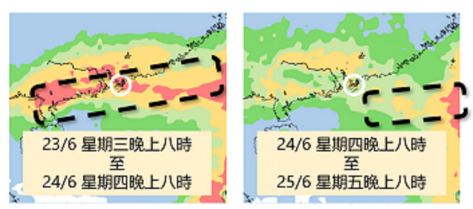 基於歐洲模式的集合預報而製作的顯著降雨概率分布圖。其中偏紅及橙色部分表示24小時累積雨量達到10毫米或以上的機會較高，而黑色虛線表示低壓槽會經過的範圍。白色圈表示香港的位置