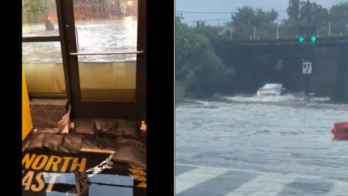 美國首都華盛頓特區遭暴雨襲擊，街道被淹汽車遭困。