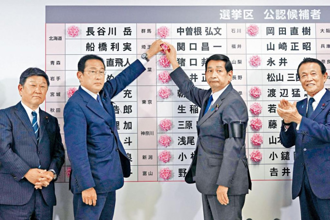 日本首相兼自民党总裁岸田文雄（左二）周日在党总部，以粉红色玫瑰花装饰物贴在当选党友名字上。