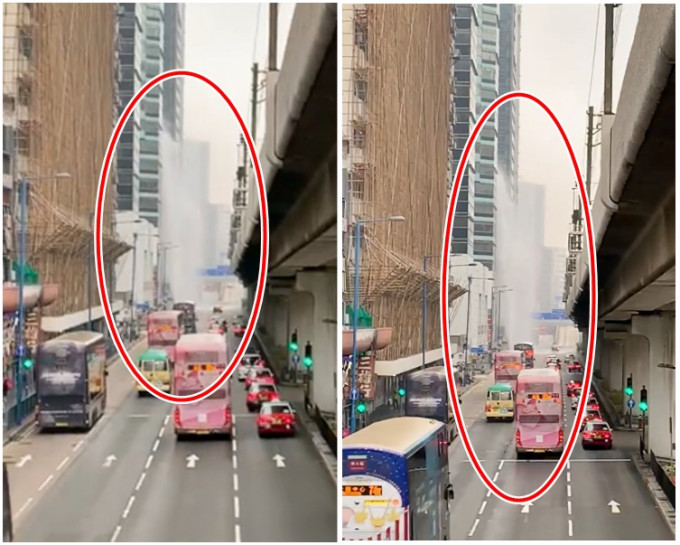 喷出的大水柱达10层楼高（红圈示）。网民Johnny Ng片段截图