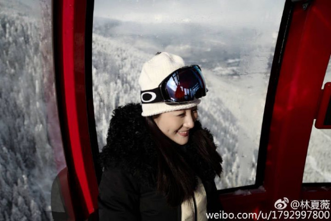 乘搭缆车在高空欣赏雪地美景。