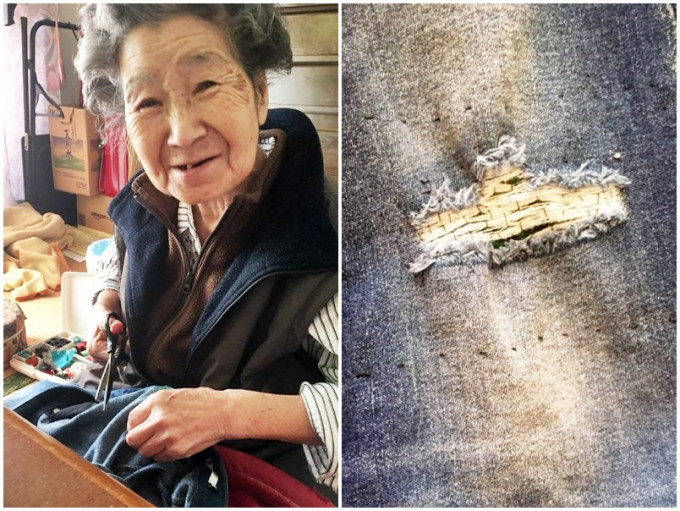 日本嫲嫲(左)幫孫女縫好破洞牛仔褲，孫女發現嫲嫲超懂時尚。網圖