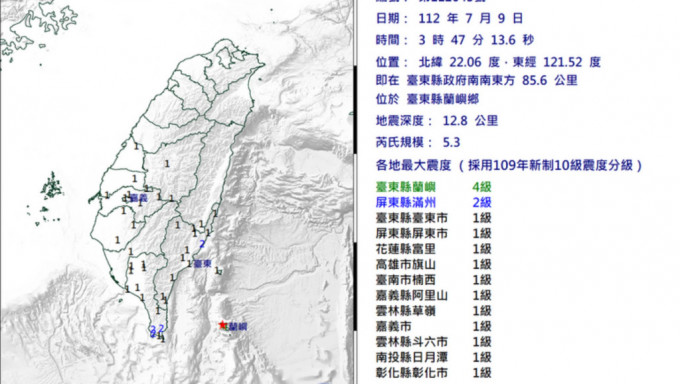 台湾东南部外海在凌晨接连发生多次地震。中央气象局