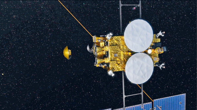 ■電腦模擬圖顯示密封艙與探測器「隼鳥二號」分離，準備返回地球。