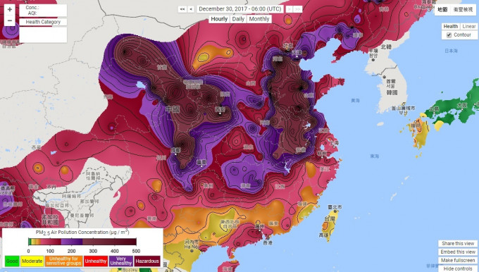 監測圖顯示內地的沙塵暴導致空氣污染嚴重。網上圖片