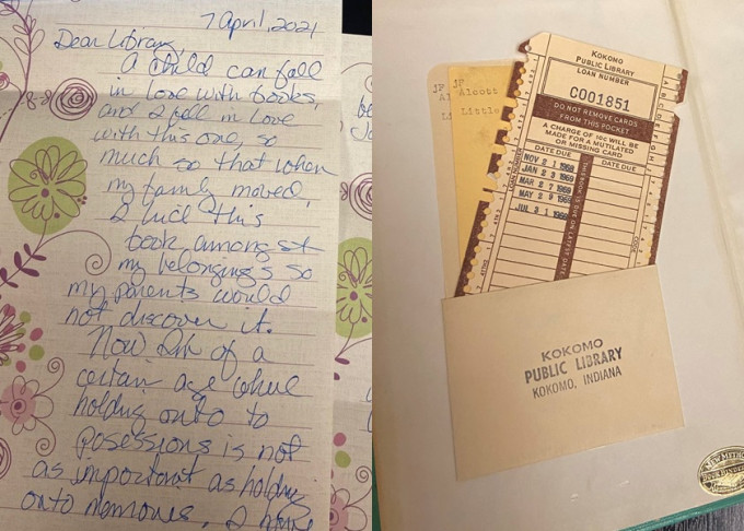 美国妇人借书逾期52年，直至今年4月方归还并亲撰道歉信。Kokomo-Howard County Public Library Facebook图片