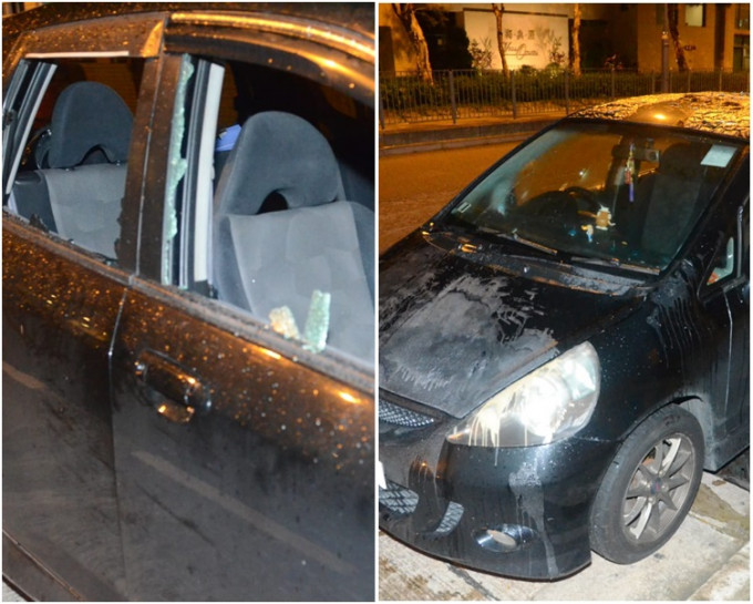 私家车车窗被打碎；车顶被淋泼起漆水。