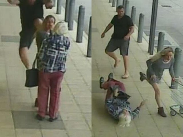 澳洲珀斯一名老妇人与孙女早前被一名男子「起飞脚」袭击，导致老妇人跌倒在地上。网图