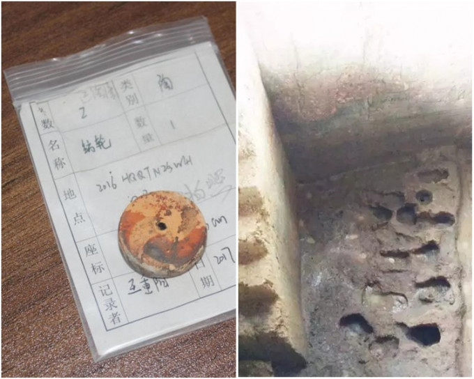 湖北屈家嶺遺址發掘出的漩渦紋彩陶紡輪(左)，疑似陶窯群遺跡(右)。網圖