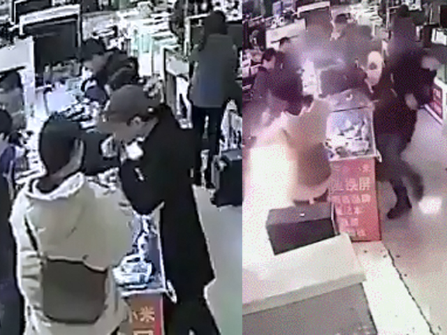 男子咬爆電池引起火球，店內的顧客爭相走避。 網上圖片