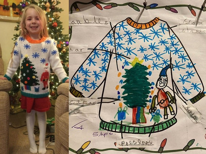 外婆将孙女设计功课织成毛衣送给她，成为网络热话。（网图）