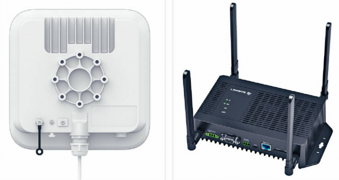  Linksys FGMM601 5G戶外路由器支援5Gbps網絡連接速度，具備IP67防塵防水等級，可應付工業級的部署。右為FGMM1000 5G 數據傳輸設備。
