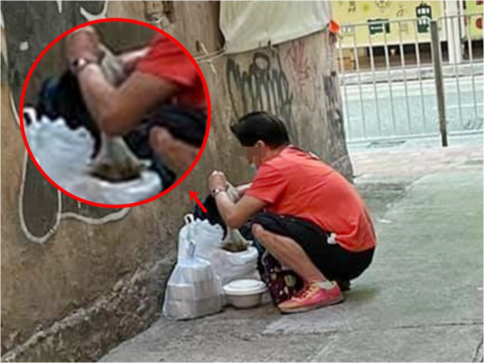 有网民目睹一名外卖阿姐疑似于街边偷餸。FB群组「香港突发事故报料区」图片