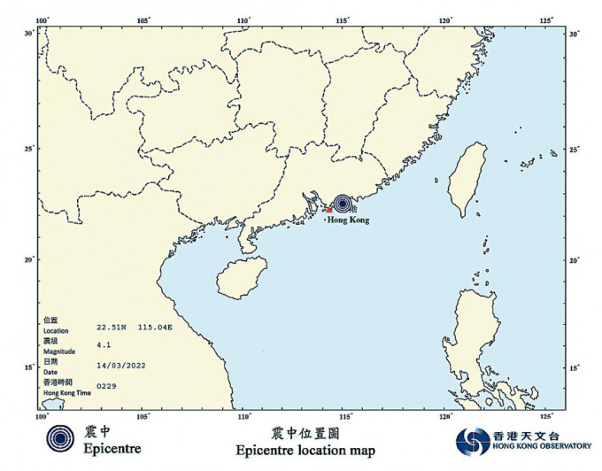天文台錄得中國東南部近岸四點一級地震，並接獲逾萬名本港市民報告。　