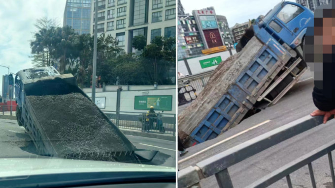 深圳龍崗區發生路陷，一輛泥頭車尾部直插大洞。