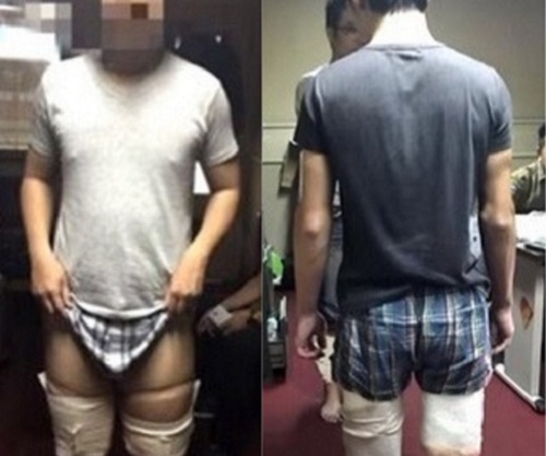二人把3.7公斤的安非他命綁在小腿上運到印尼，被警方逮捕。 網上圖片