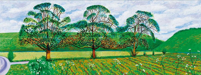 霍克尼创作于2008年的画作《蒂克森代尔附近的三棵树》。