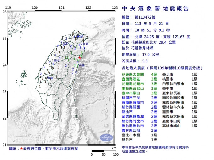 「921」25周年｜花莲秀林5.3级地震 台北桃园有震感