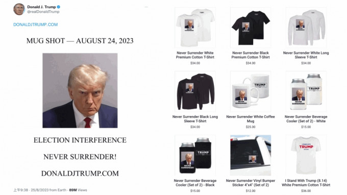 特朗普重返X平台稱「永不投降」，厭世樣大頭照被印上T恤馬克杯瘋賣。