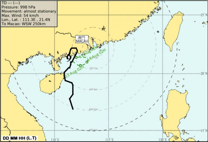 澳门气象局预料，热带低气压仍会在广东西部沿岸徘徊。网图