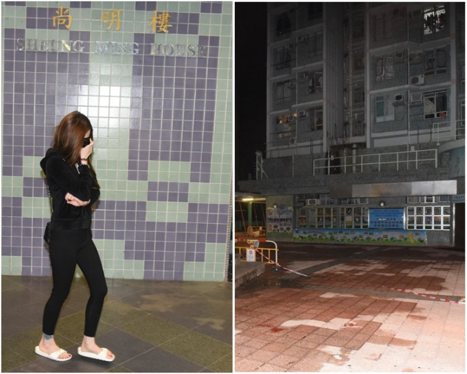 圖左，事主22歲妻子報案。圖右，4樓平台遺下血跡。