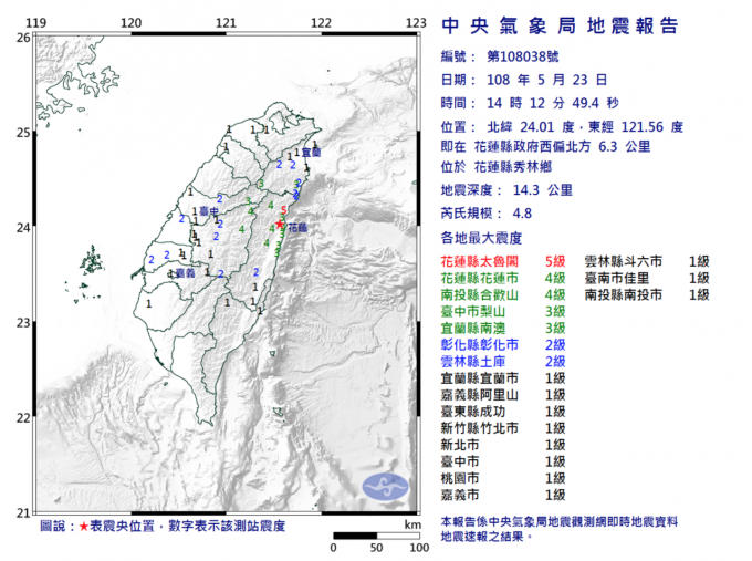 台湾花莲下午2时12分，发生4.8级有感地震。中央气象局