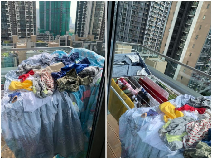 雇主衣物（左）堆成一堆，外佣自己的衣物（右）就晾得整齐。外佣雇主必看新闻讯息FB