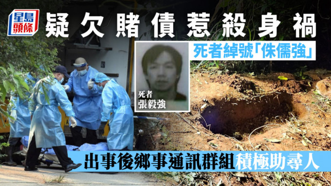 警方昨日挖出死者（小圖）屍體，埋屍的土洞約5呎乘2呎大。