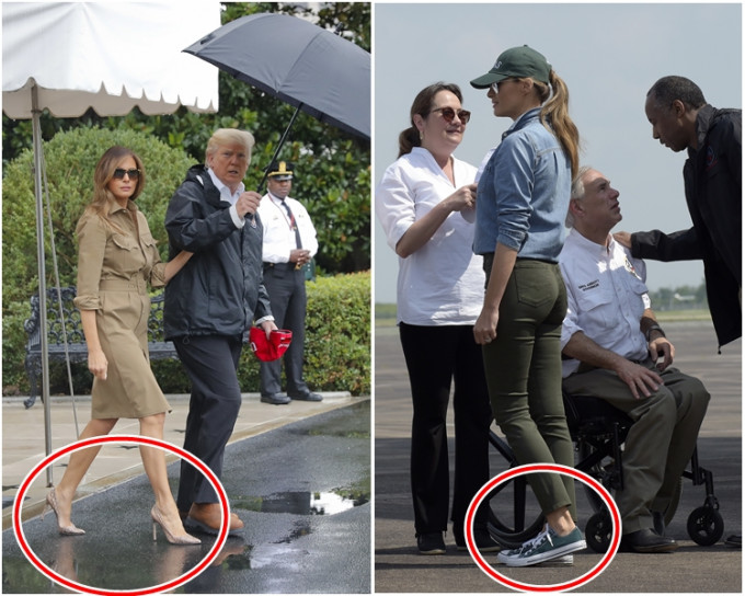 圖左，梅拉尼婭陪同特朗普走出白宮時，穿上蛇紋高跟鞋。圖右，下機後換上藍色運動鞋。AP