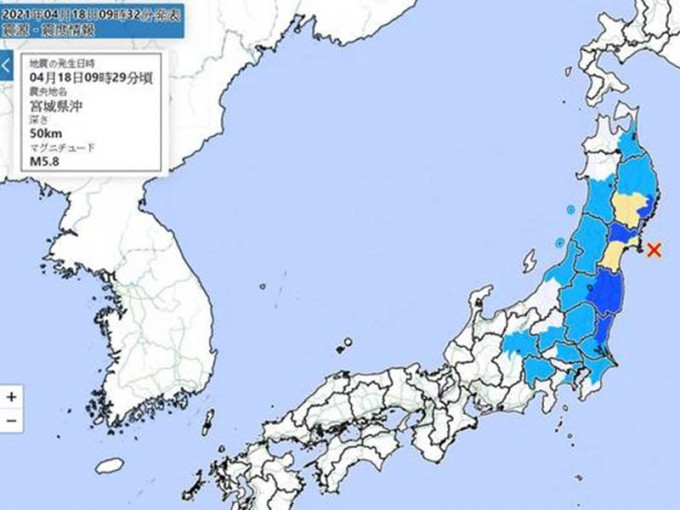 地震發生在宮城縣近海。圖:日本氣象廳